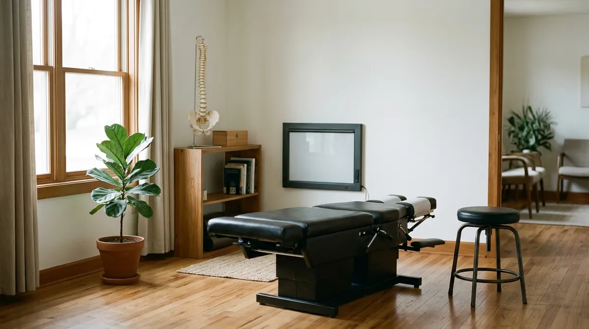 Cabinet de chiropraxie avec table de soins et modèle anatomique